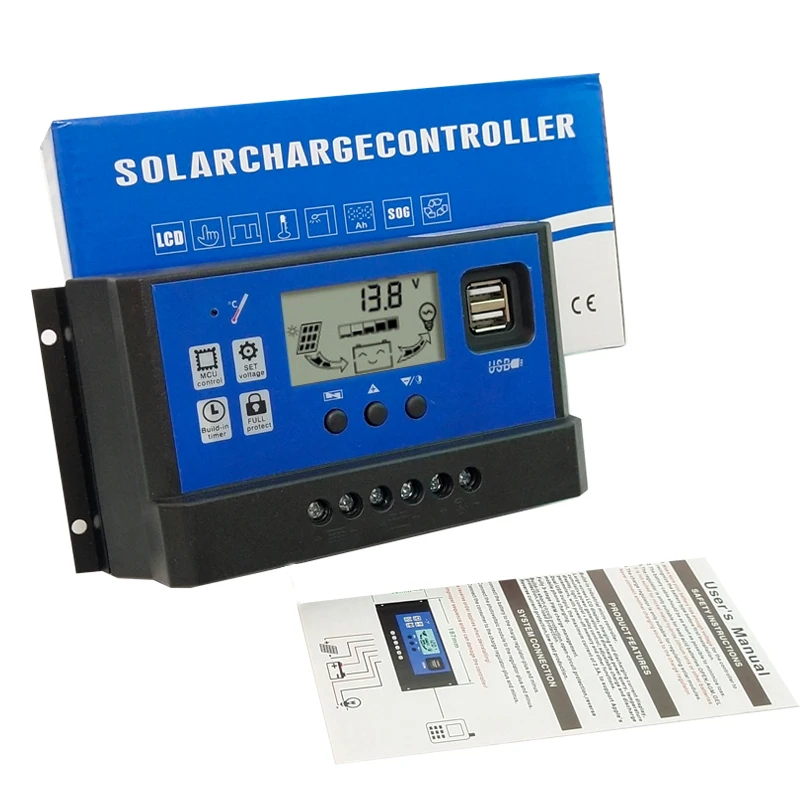 60A 50A 40A 30A 20A 10A ШИМ Контроллер заряда 12V24V солнечный регулятор с ЖК-дисплеем и двойной 5 В USB для домашнего использования