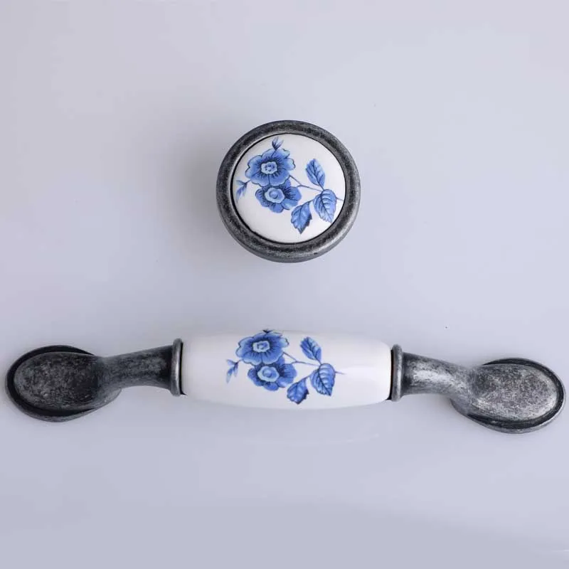 Винтажный стиль ручки для комода белый и синий porcelian Ящики шкафа тянет черный