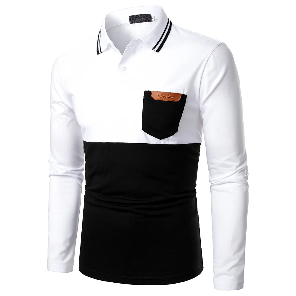 

Men's Polo Shirt Two Color Stitching Leather Fashion Men's Long Sleeve Polo Korean Fashion Clothing Men Shirts 2020 Full