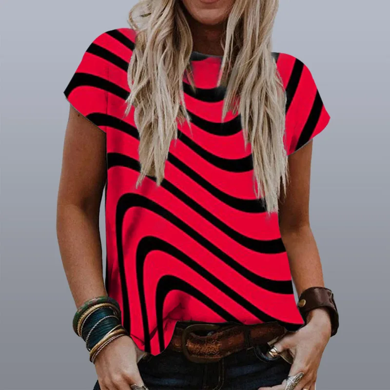 

Y2K Harajuku Stripe Print Women T-Shirt Summer Round Neck Short Sleeve Tops Casual Tees Oversized Loose Tshirts Roupas Femininas