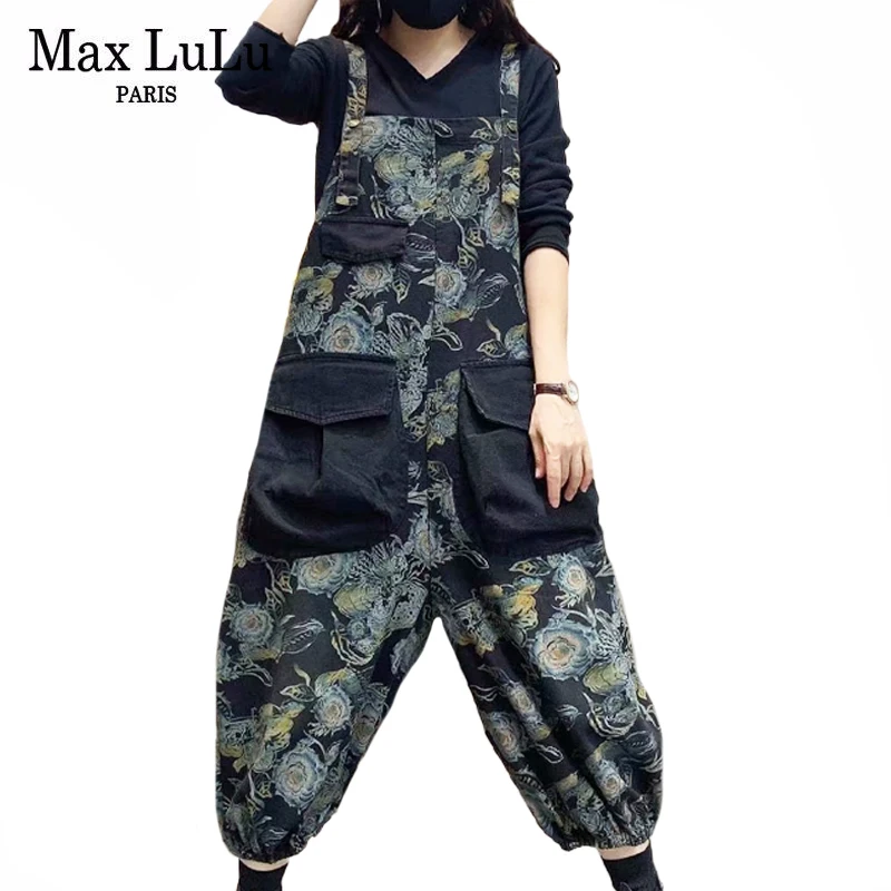 

Max LuLu Korean Fashion 2021 Autumn Casual Overalls Ladies Vintage Denim Trousers Womens Printed Loose Jeans Pockets Pantalons