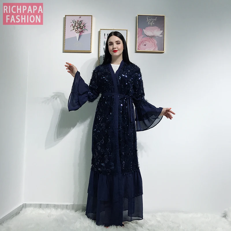 Кимоно с пайетками открытые абаи Дубай кафтан ислам мусульманский хиджаб платье
