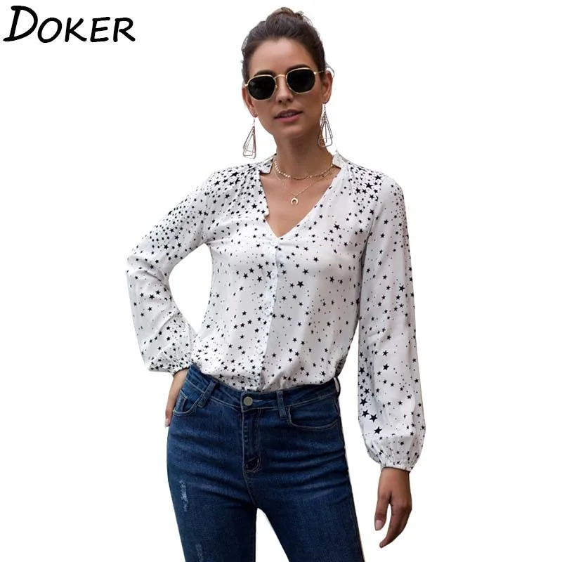 2020 на осень зиму с принтом со звездой Женские топы и блузы v образным вырезом
