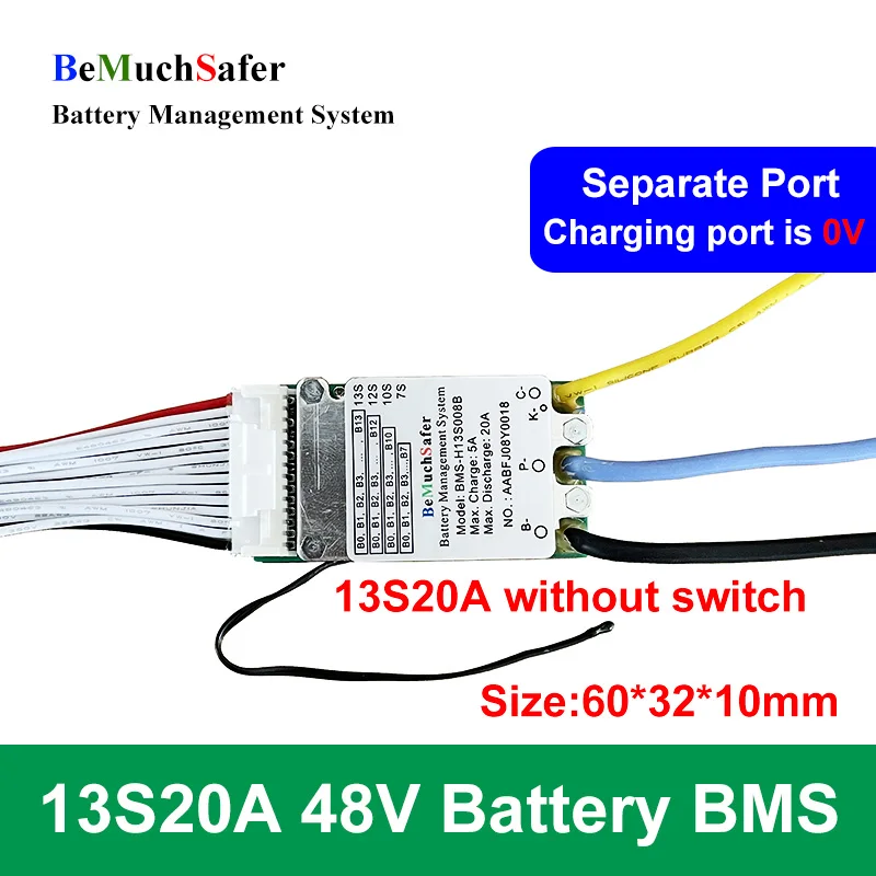 BeMuchSafer 13S20A 48V BMS Separate Port 18650 3.6V 13S 20A 46.8V BMS with Switch for E-Bike E-Scooter Energy Storage Battery
