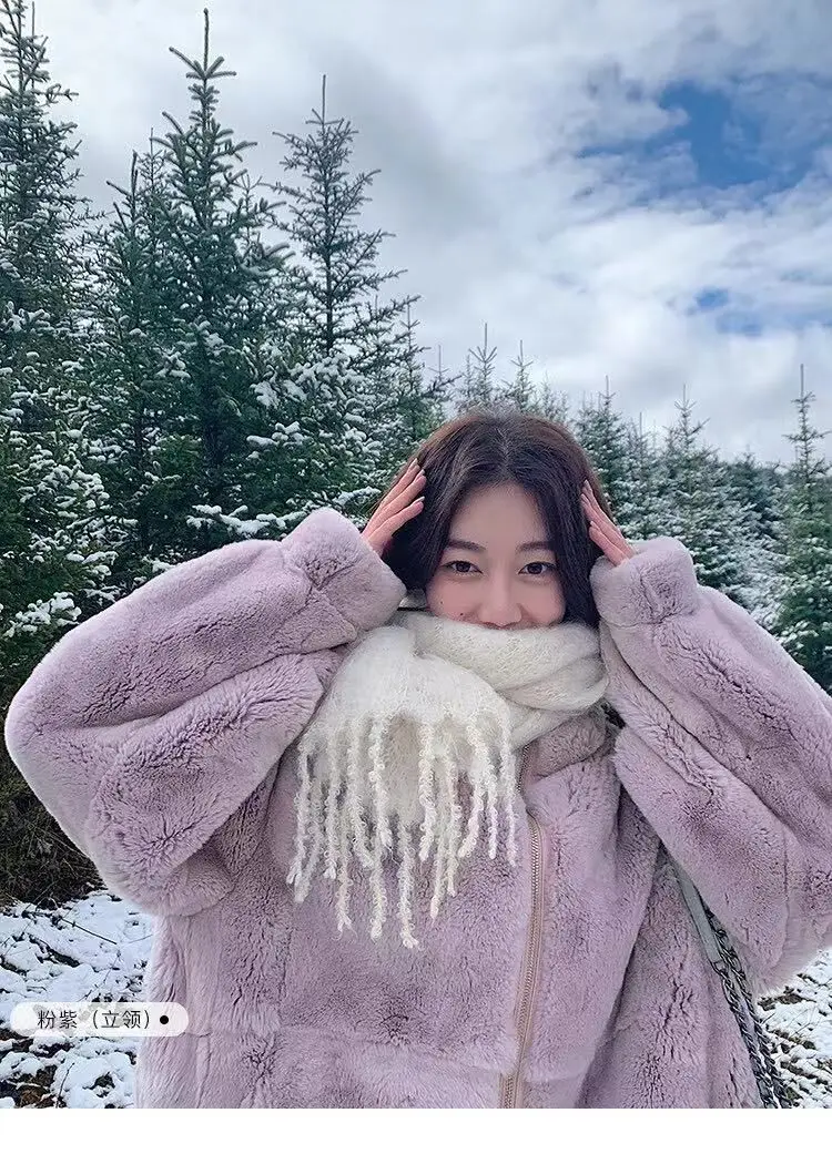 Женская реальная натуральная флисовая куртка большого размера фиолетового