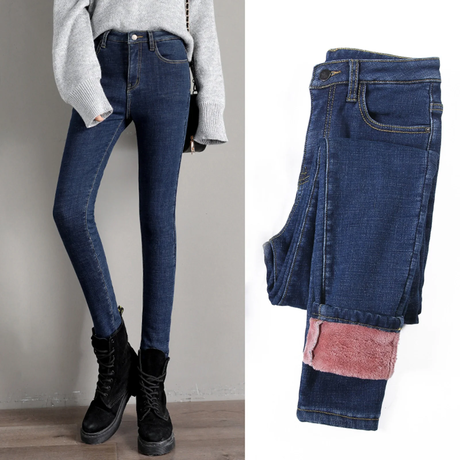 

Women's Fleece Lined Jeans Warm Stretchy Skinny Pants High Waist Trousers BMF88