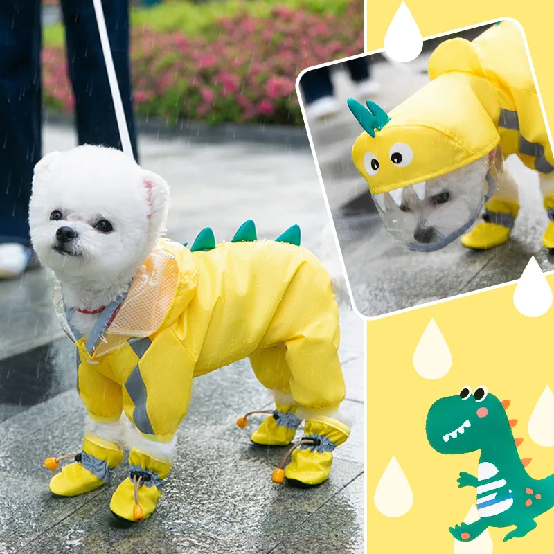 Puppy Dog Dinosaur Raincoat Four-legged Waterproof Full Cover Teddy Bichon Small Dog Medium Large Dog Belly Protective Poncho