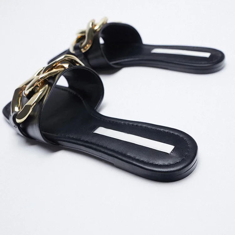 LMCAVASUN 2021 новый летний черный цепи квадратный мыс тапочки Женская обувь на плоской