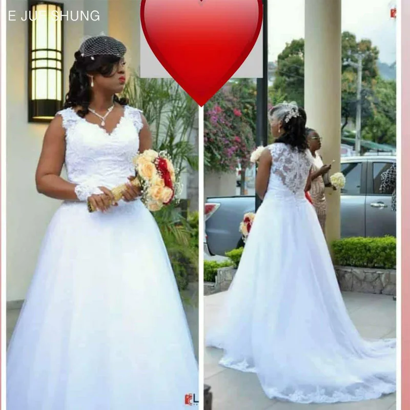 

E JUE SHUNG White lace Appliques Cheap Wedding Dresses V-neck Buttons Wedding Gowns Bridal Dress robe de soiree