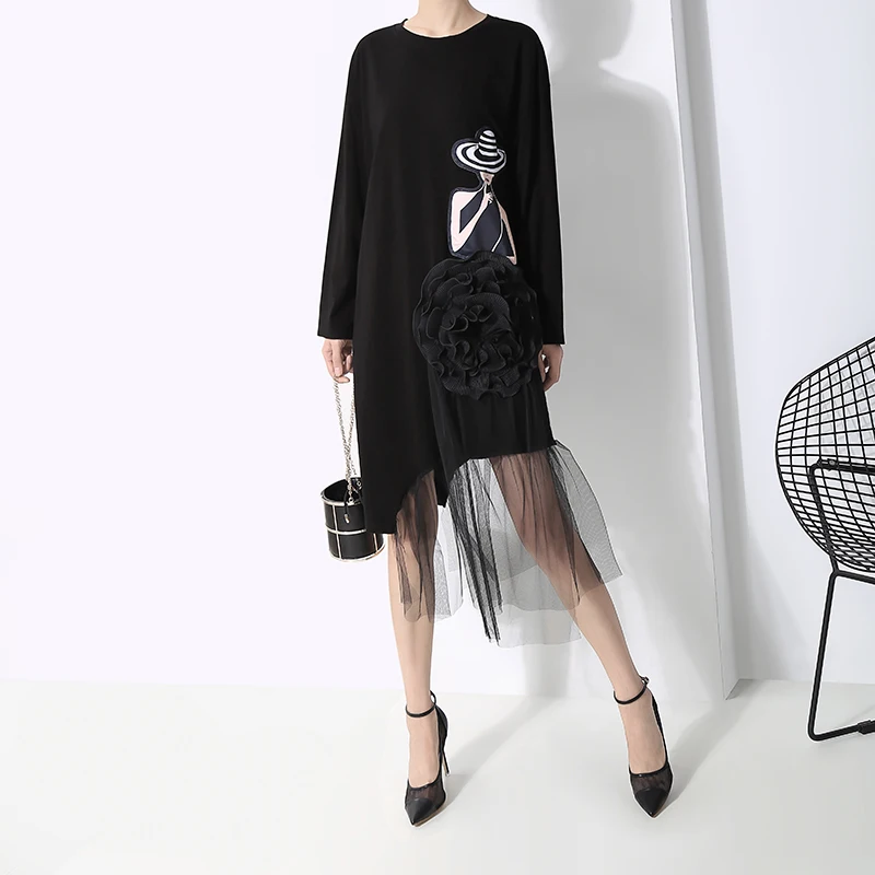 Новинка 2019 женское осеннее черное платье с принтом в Корейском стиле Сетчатое