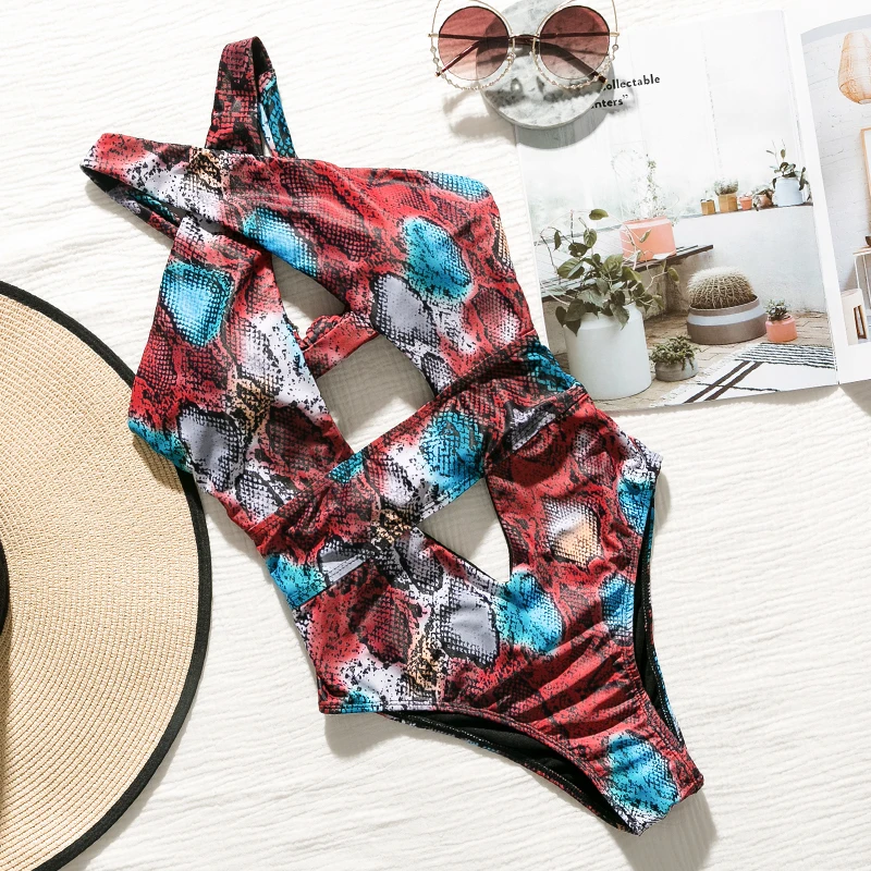 Мосша змеиный принт боди Цельный купальник женский пуш ап бикини 2019 с высокими плавками женские открытые