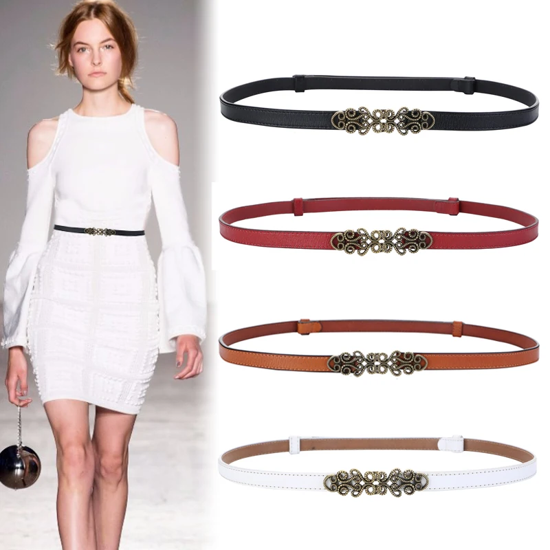 

Fashion Women Dress cummerbunds cowhide Thin Adjustable Waistband Skinny genuine leather Pearls Gold Buckle waistbands for Women