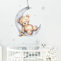 cartoon teddy bear sleeping on the moon and stars wall stickers for kids room baby room decoration wall decals room interior