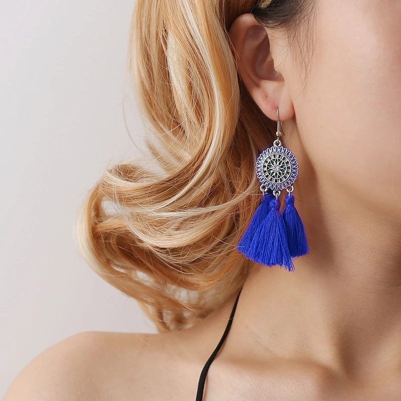 

Creative Ethnic Style Tassel Earrings Girls Bohemian Long Alloy Earrings Sun Flower Dripping Oil Tassel Earrings Fashion Jewelry