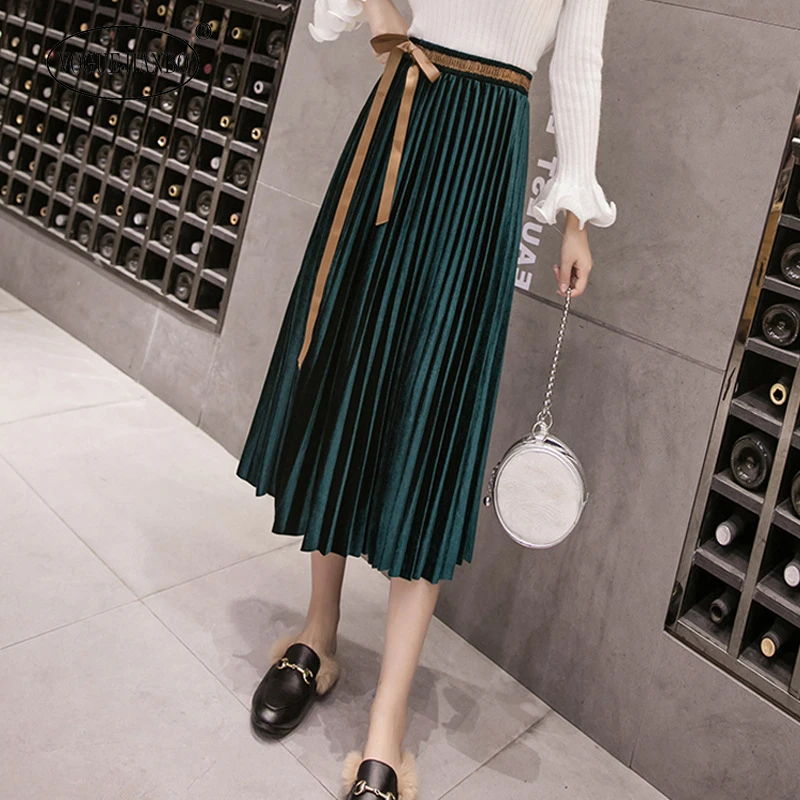 

Gold velvet skirt women 2020 spring and summer skirt bow tie wild temperament pleated skirt vestido mujer vestidos de fiesta