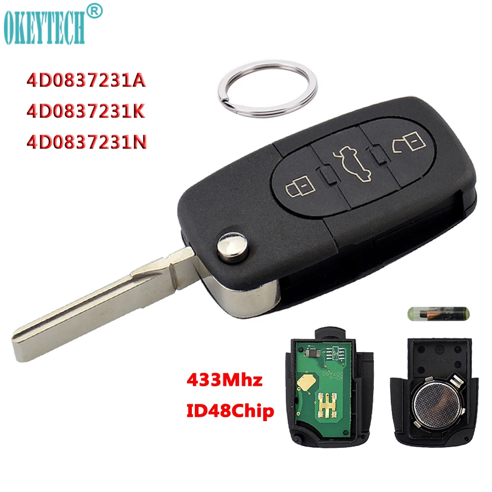 

OkeyTech 433Mhz 3 Button Car Remote Key for AUDI 4D0837231A 4D0837231K 4D0837231N Flip Fold ID48 Chip for A3 A4 A6 A8 Old Models