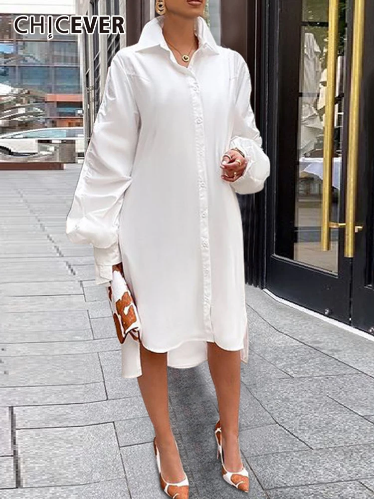 

CHICEVER Vintage Solid Casual Patchwork Dress For Women Lapel Long Sleeve Loose High Waist Dresses Female 2021 Autumn Clothing
