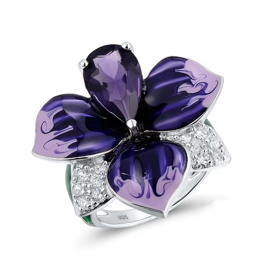 

100% Silver Color Gorgeous Enamel Rings Women Big Purple Stone and Deep Purple Enamel Flower Ring For Women Party Jewelry
