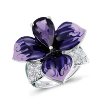 100 silver color gorgeous enamel rings women big purple stone and deep purple enamel flower ring for women party jewelry