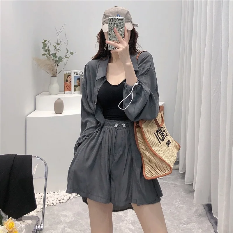 

Korejepo Women 2 Piece Set 2021 Summer New Korean Chic Casual Fashion Mid-length Sunscreen Shirt Top High Waist Wide Leg Shorts