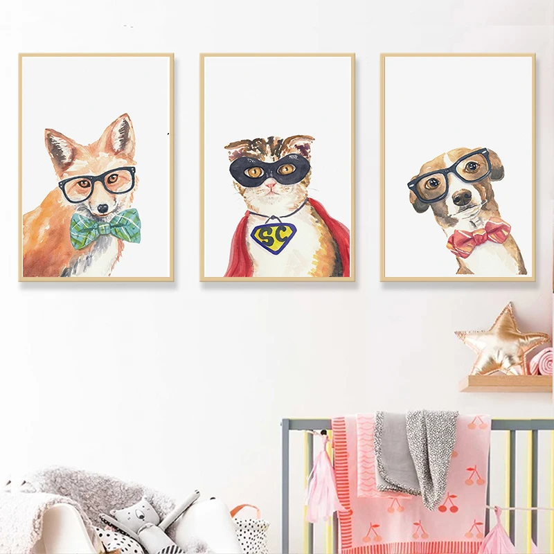 

Fox Cat Dog Deer Art Canvas Animal Poster Kindergarten Mural Print Nordic Decoration Picture Modern Living Room Decoration