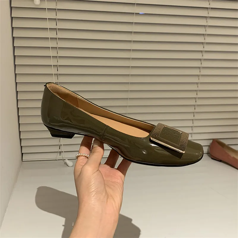 Meotina Natural Genuine Leather Flats Shoes Women Square Toe Casual Footwear Metal Decoration Shallow Shoes Ladies Spring 2021