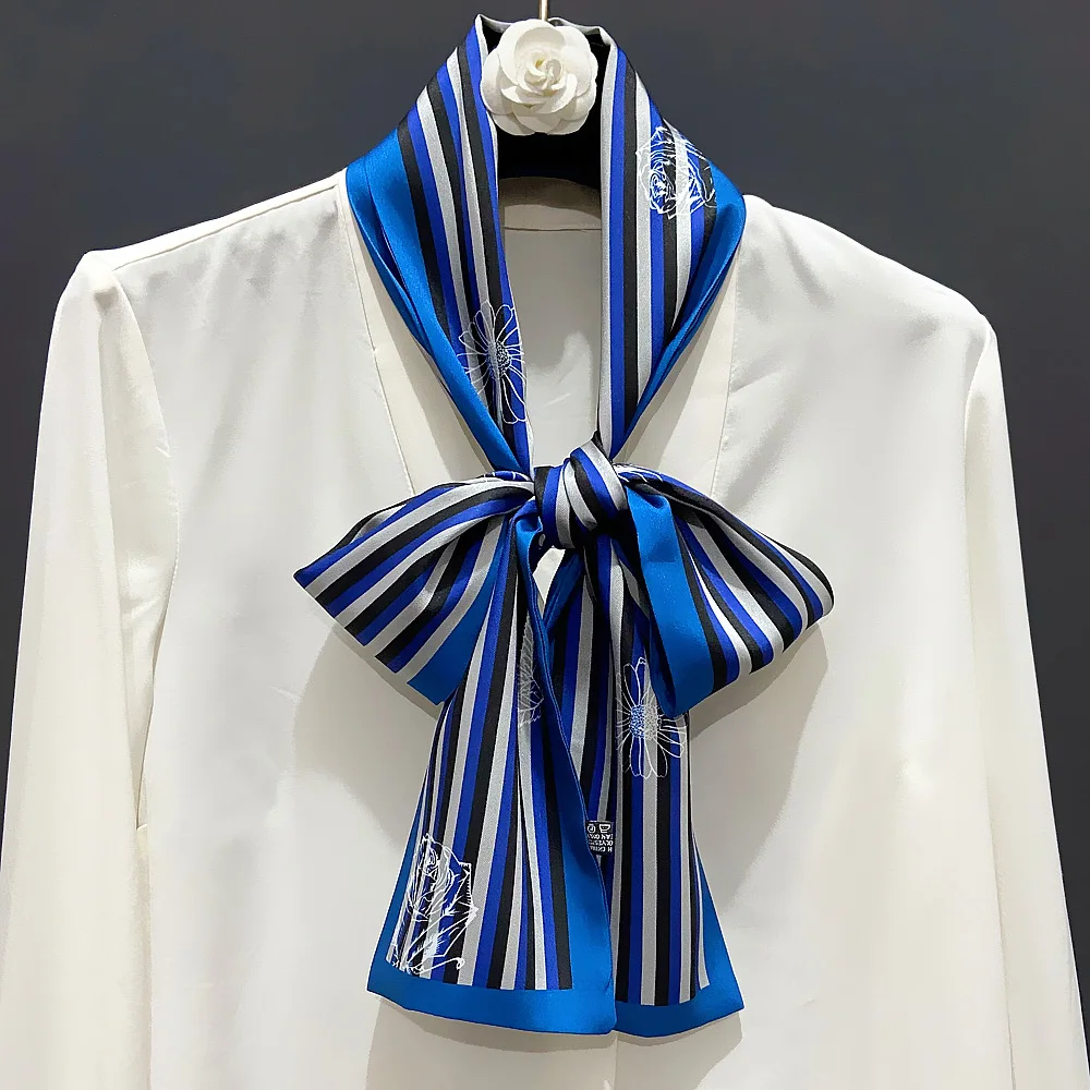 

160x13cm South Korean autumn travel new branch stripe floret double printing twill satin lady long silk scarf
