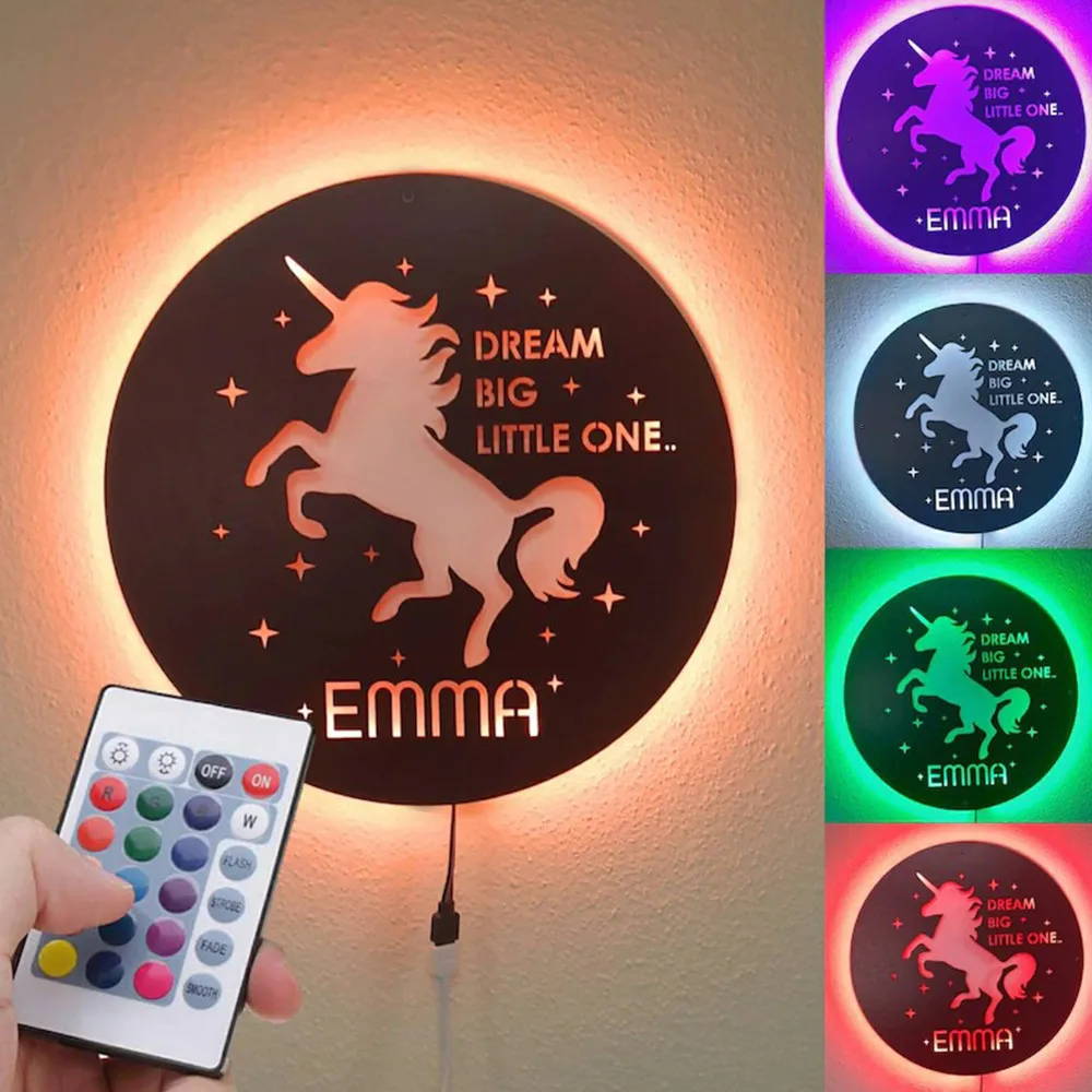 

Personalized Unicorn LED Night Light Custom Name Wood Wall Lamp for Kids Birthday Party Gifts Home Decor Adjustable Brightness