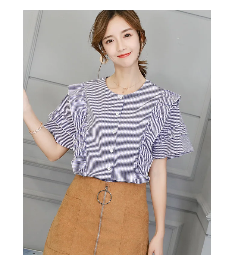 

Nice Spring Summer Shirts New Women's Tops Korean Leisure Ruffles Short Sleeve Blouses Office Ladies Striped Button Shirt Pink