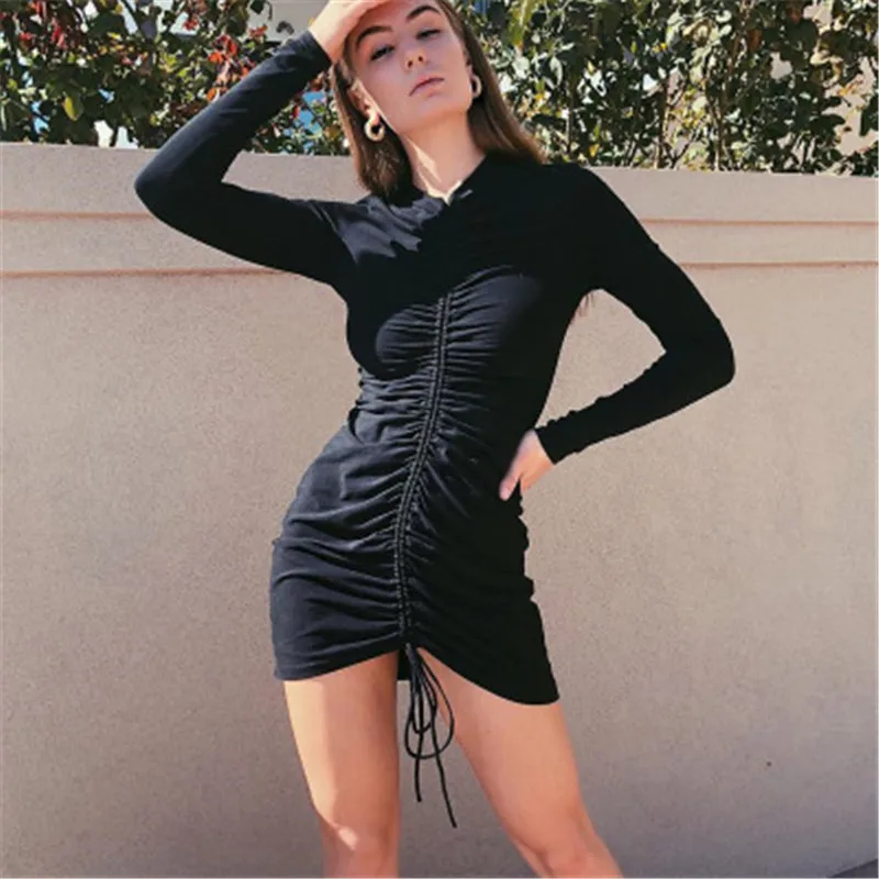 

Women Solid Color Pencil Dress Shrinkage Drawstring Design O-Neck Long Sleeve Mid Waist Spring Autumn Slim Hips Mini Dress