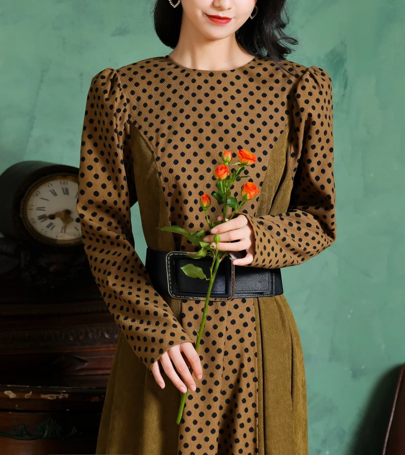 

French Vintage Matching Fabrci O-Neck Long Sleeve Ankle Length Formal Party Evening dress