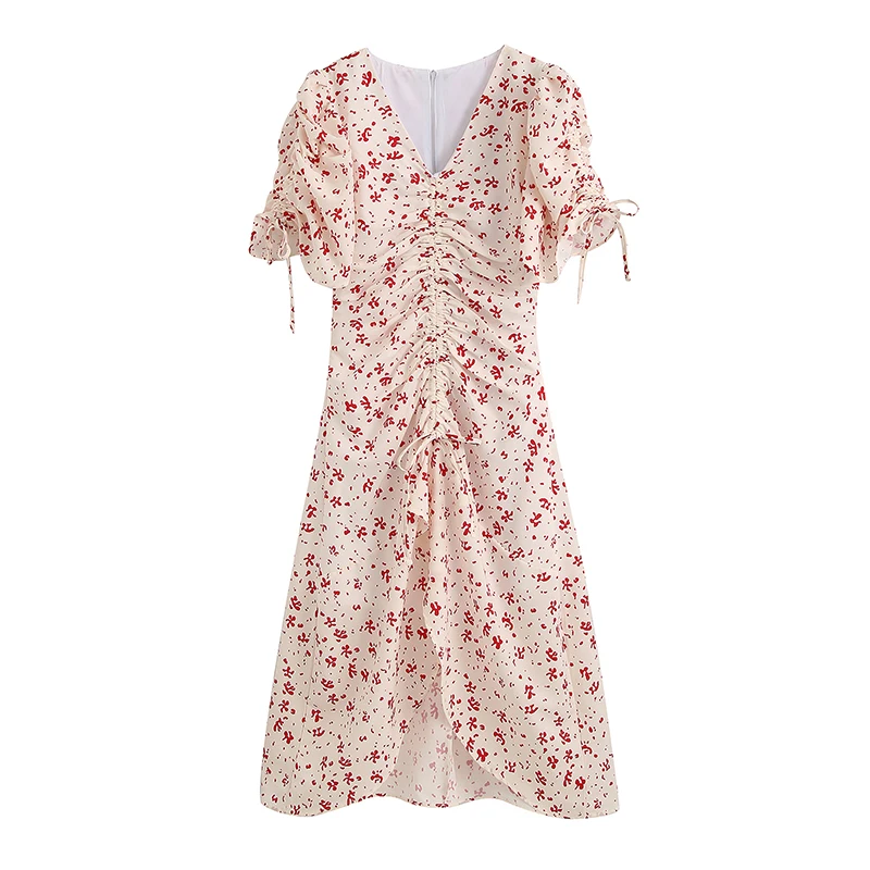 Элегантное платье с v образным вырезом и принтом пышное бантом коротким рукавом