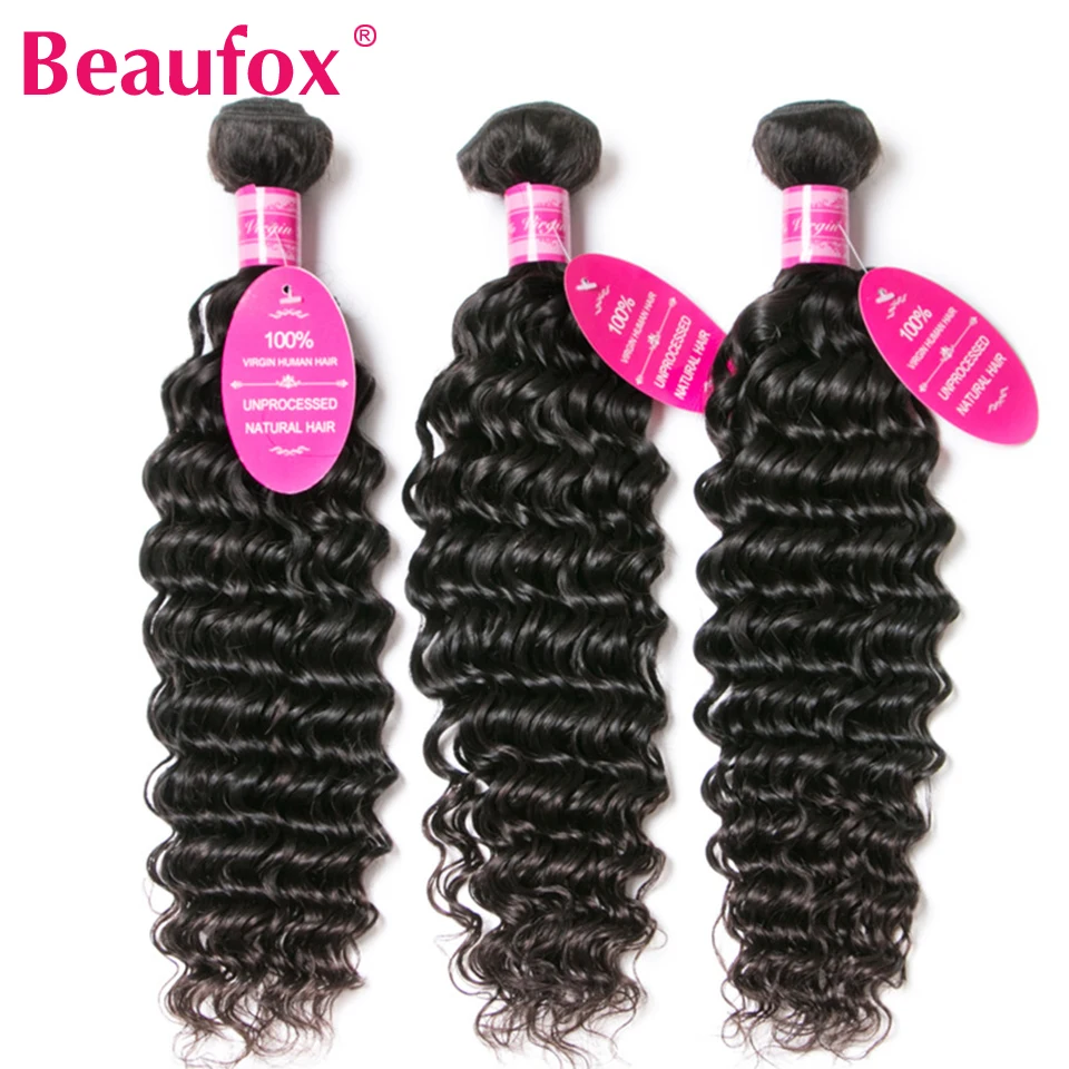 Beaufox индийские пучки глубоких волн 3 шт./лот 100% Человеческие волосы Remy 8 28 дюймов