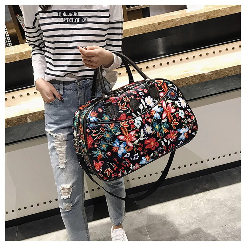 Leather Women Travel Bags Handbags New Fashion Portable Hand Fitness Floral Duffel Bag Waterproof Weekend Bag For Lady XA790WB