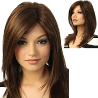 women dark brown long straight partial bangs full wig with bangs heat resistant party natural hair wig accessories