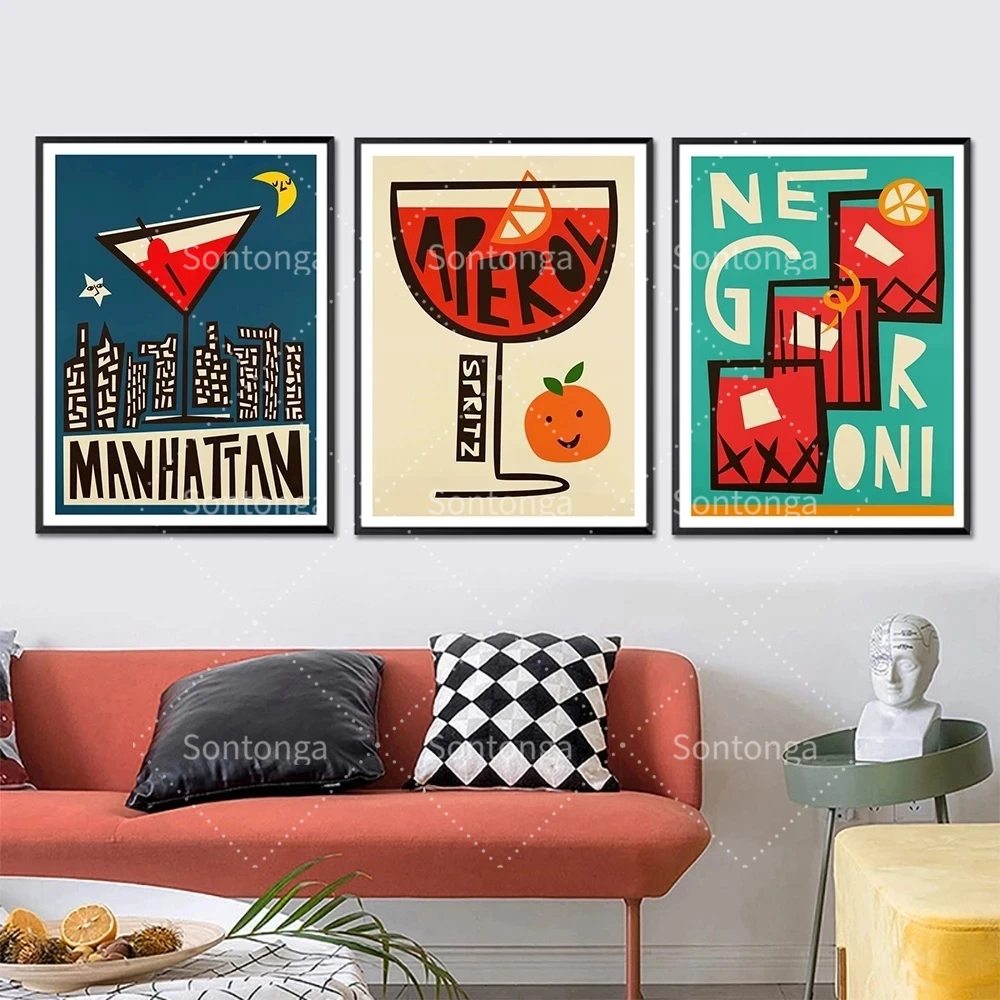

Cartoon Fruit Juice Aperol Spritz Posters And Print Gin Manhattan Negroni Canvas Painting Club Bar Shop Home Decoration Gifts
