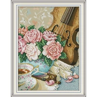 rose and violin cross stitch kits diy floral pattern 14ct 11ct count canvas printed embroidery set needlework sewing kit crafts