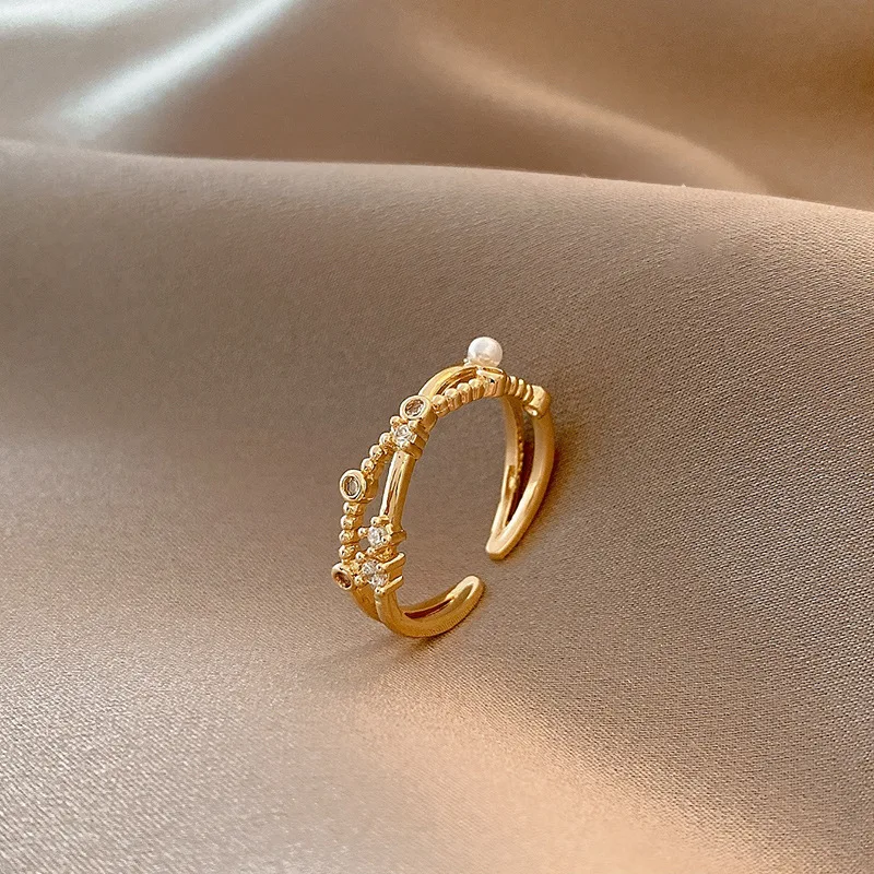 

New Trendy Geometric Adjustable Ring For Women Fashion Metal Gold Plated Pearl Zircon Finger Ring Girls Wedding Jewelry Gifts