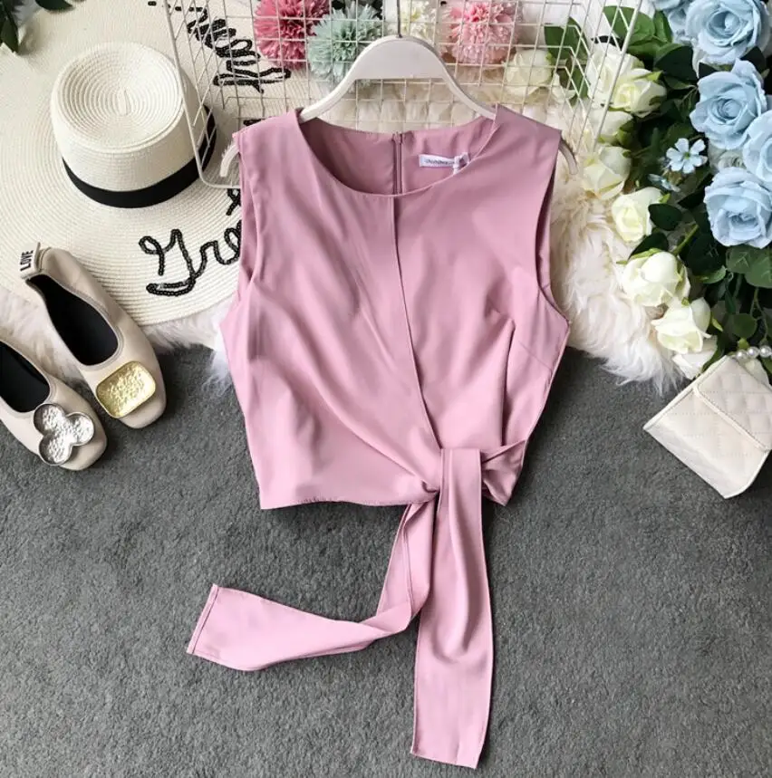 

New Summer Women Fashion Sleeveless Round Neck Bandage Tie Bow Tank Tops Sexy Back Zipper Casual Short Crop Top Shirts s1229