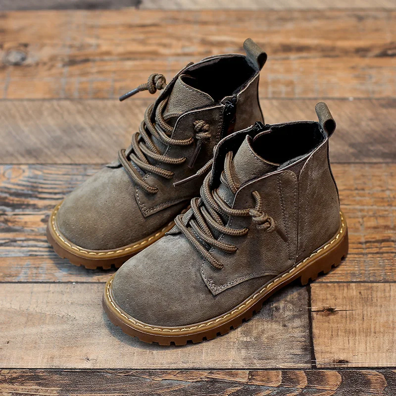 

Children Genuine Leather Boots Boys Autumn Mid-Top Quality Pigskin Martin Boots Girls Fashion Retro Side Ziper Winter Shoes