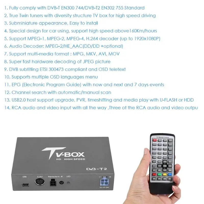 VODOOL автомобильный мобильный DVB-T2 цифровая ТВ коробка мини HD ТВ приемник сигнала тюнер для автомобиля DVD видео мультимедийный плеер системы с антенной