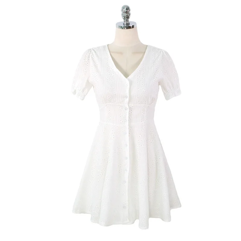 

White Dress Women's Summer Hollow Out Above Knee Mini Lantern Sleeve Empire V-neck Above Knee, Mini Casual Dress Vintage 2021