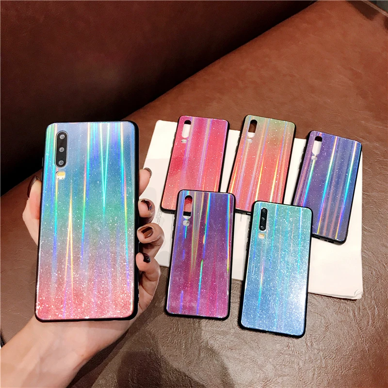 Блестящий чехол с лазерным градиентом для Huawei P20 Lite P30 жесткий защитный из