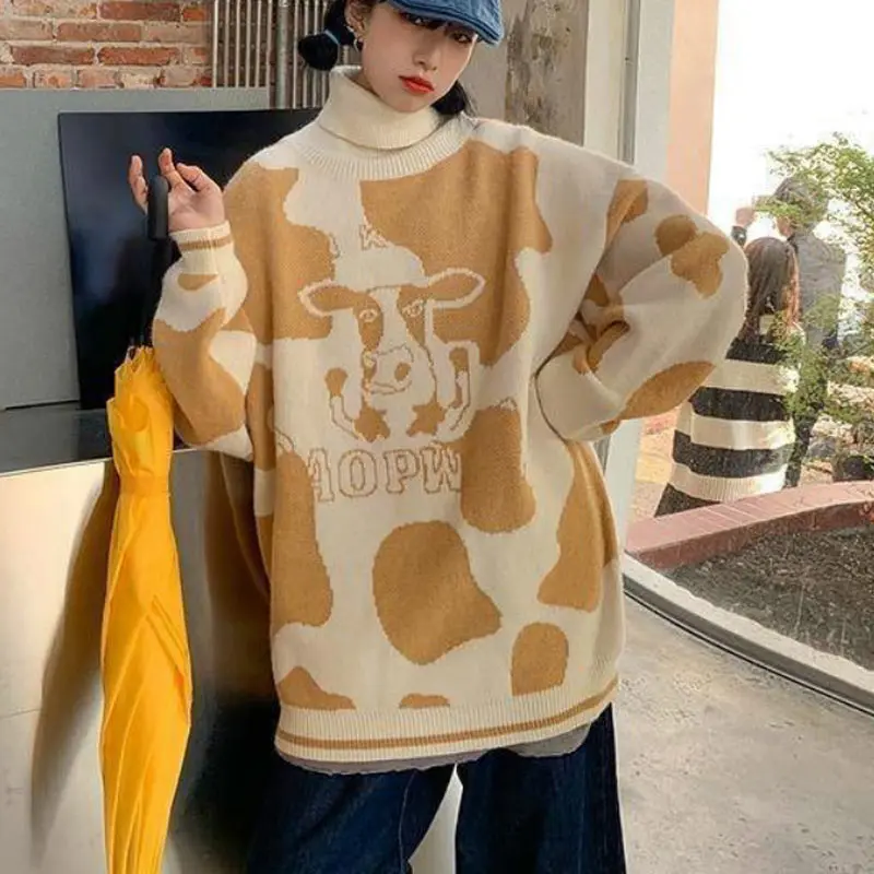 

Women Oversized Pullovers Winter Female Outwear Cow Print Turtleneck Warm Soft Casual Jumper Preppy Kawaii Korean Streetwear