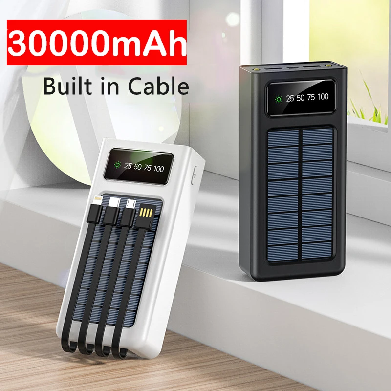 

30000mAh Solar Power Bank With Micro USB Type C Cable Portable Charger LED Digital Display Powerbank External Battery Power Bank