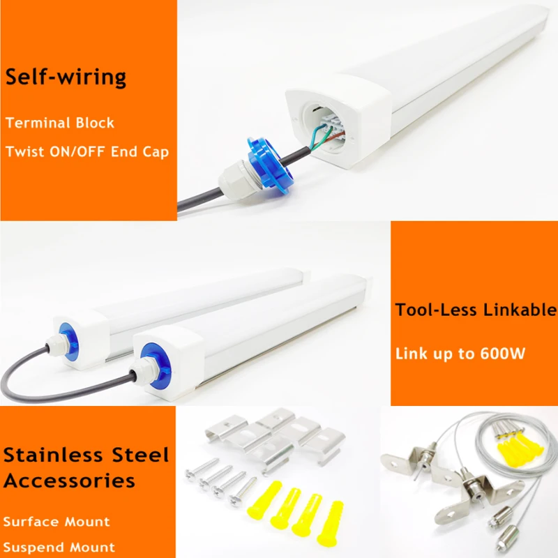 

140Lm/W Double End Linkable Linear Lighting 20W 30W 2FT 60cm IP65 LED Batten Tube Light Waterproof Freezer Warehouse Lamp