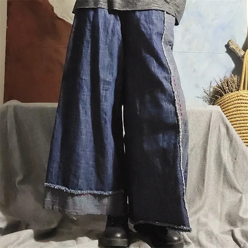 

XITAO Women Fashion Wide Leg Pants Fashion New Elastic Waist Patchwork Pocket Full Length Pants 2020 Winter Minority ZXR1229