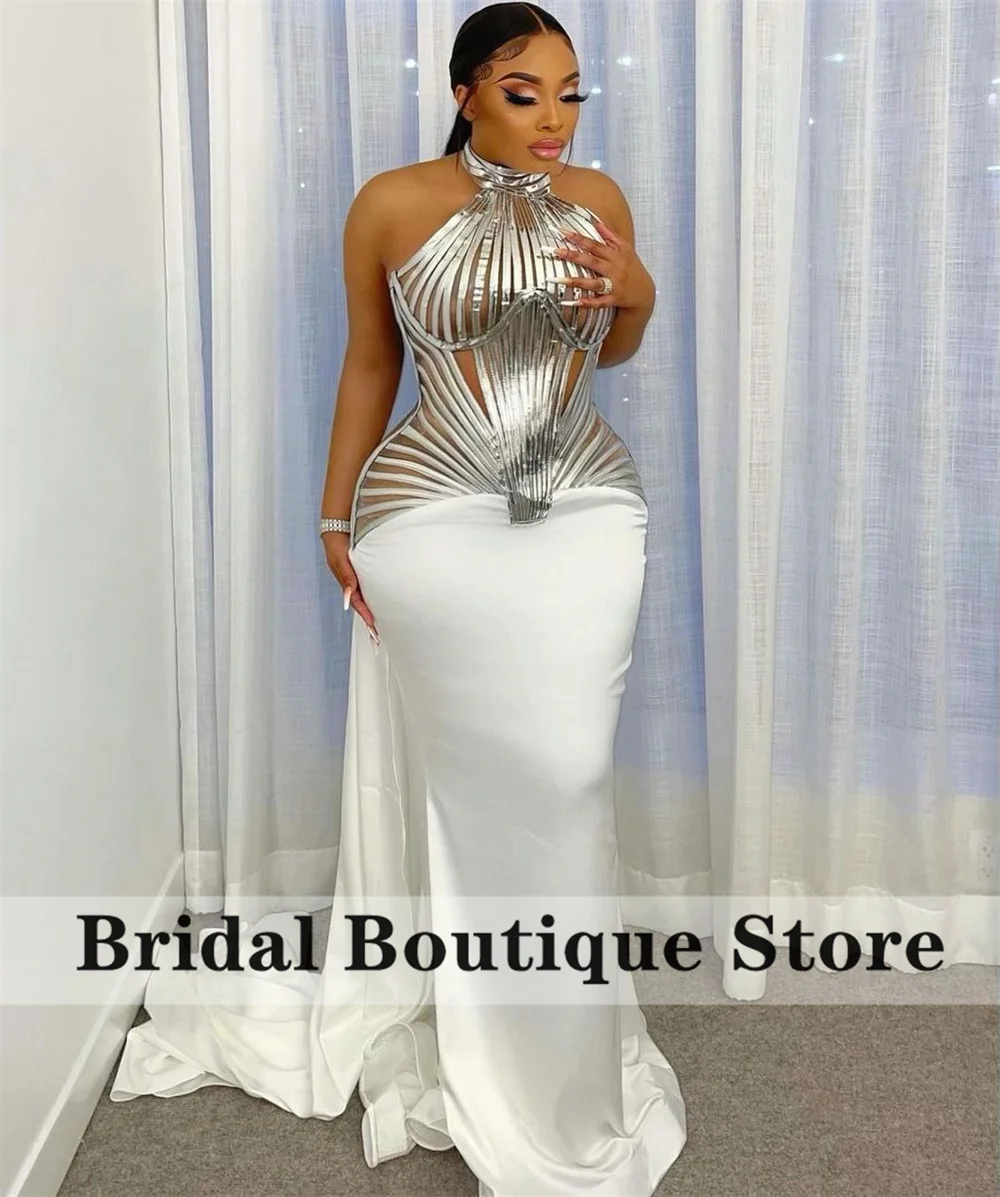 

Sexy Halter White Saudi Arabic Evening Dresses Plus Size Sleeve Custom Made Formal Party Prom Dresses vestidos formales