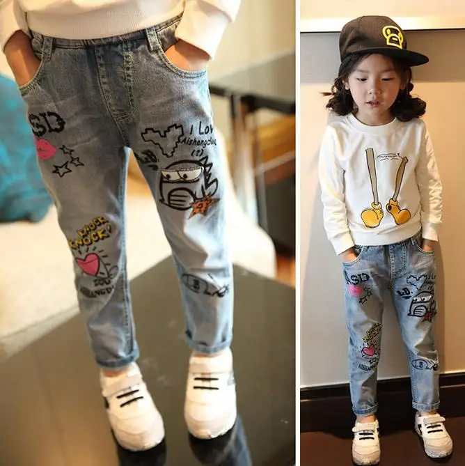 Girls' jeans, children's trousers, new trousers, baby washed graffiti, autumn baby children's pants, children's jeans