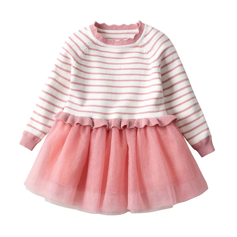 

Kid Girls Cotton Knitted Autumn Winter Princess Dress Strip Sweater with tulle suit for 1 to 5 Year old girls